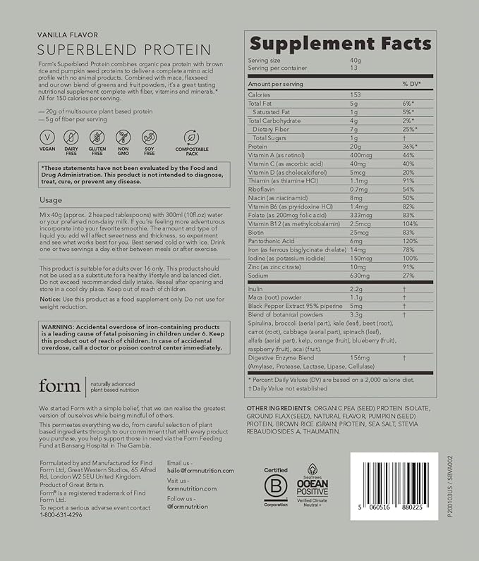 Form Superblend Protein - Vegan Protein Powder with Superfoods Vitamins and Minerals - 20g of Plant Based Protein per Serving (Vanilla)