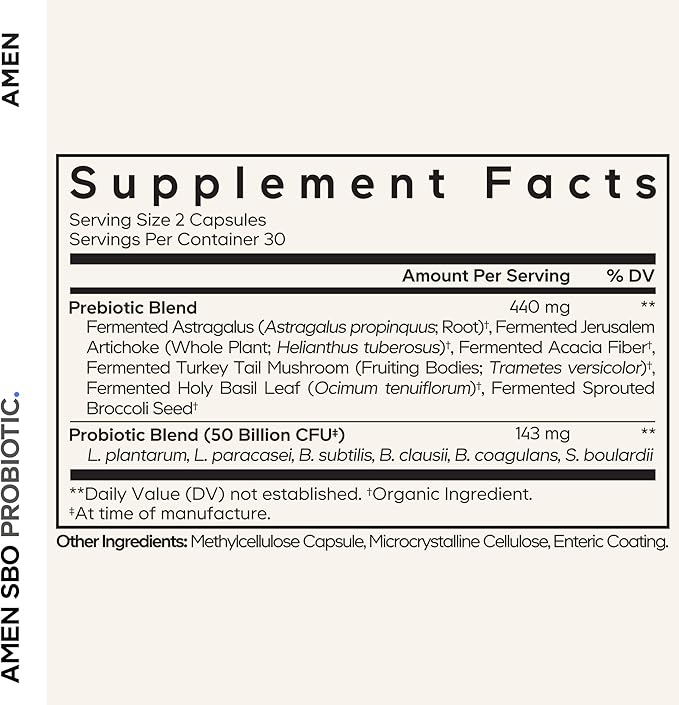 Amen Probiotics Supplement SBO Probiotic and Organic Prebiotics 50 Billion CFUs Shelf Stable No Refrigeration Required Flora Daily Probiotic Formula for Women &amp Men Vegan &amp Non-GMO 60 C