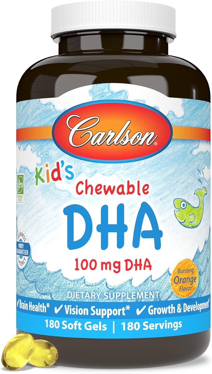 Carlson - Kid's Chewable DHA 100 mg DHA Brain Health Vision Function Growth &amp Development Orange 180 Chewable Softgels