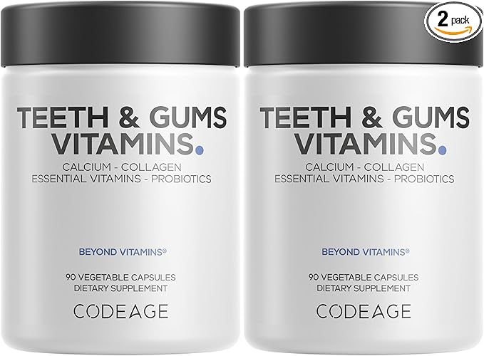 Codeage Teeth &amp Gums Vitamins + Oral Probiotics Supplement for Mouth - Whole Food Calcium Collagen Potassium Vitamin C D3 K2 Zinc – Oral Care &amp Dental Multivitamin Supplements - 2 Pack