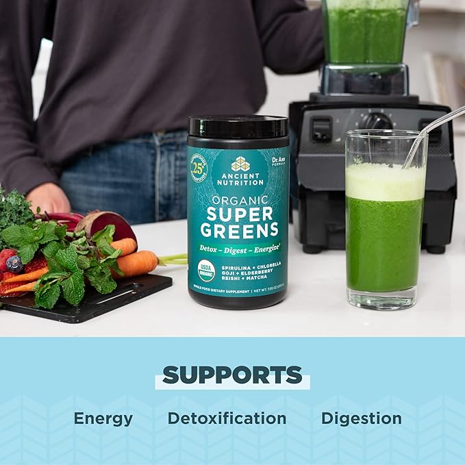 Ancient Nutrition Bone Broth Protein Powder Salted Caramel 20 Servings + Organic Supergreens Powder Greens Flavor 25 Servings