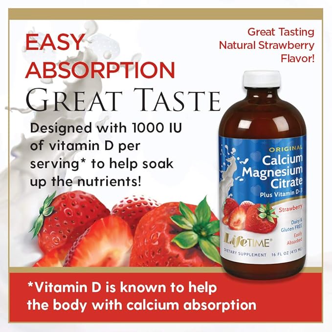 LifeTime Vitamins - Liquid Calcium Magnesium Supplement for Women &amp Men with Vitamin D Muscle and Bone Health Support with Magnesium &amp Calcium Citrate - Natural Strawberry Flavor 16 fl oz