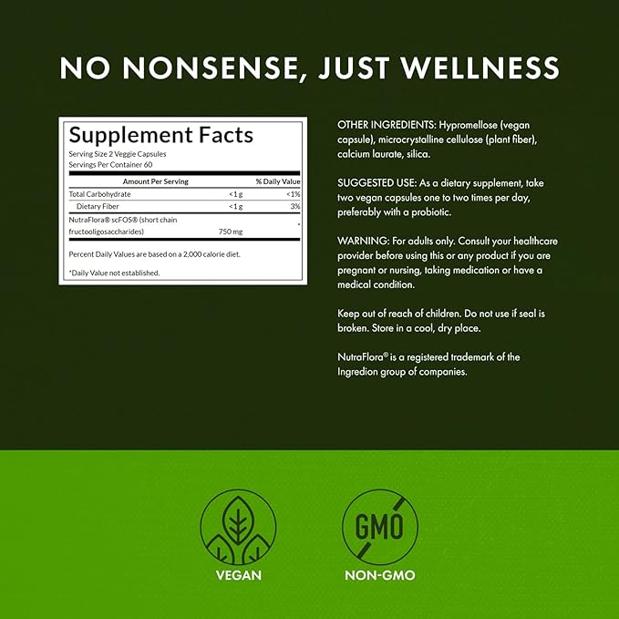 Swanson Prebiotic Fiber Capsules with NutraFlora FOS for Gut-Health-Conscious Adults Seeking Digestive Flora and Immune Support - 750 mg (120 Vegan Capsules 2 Pack)