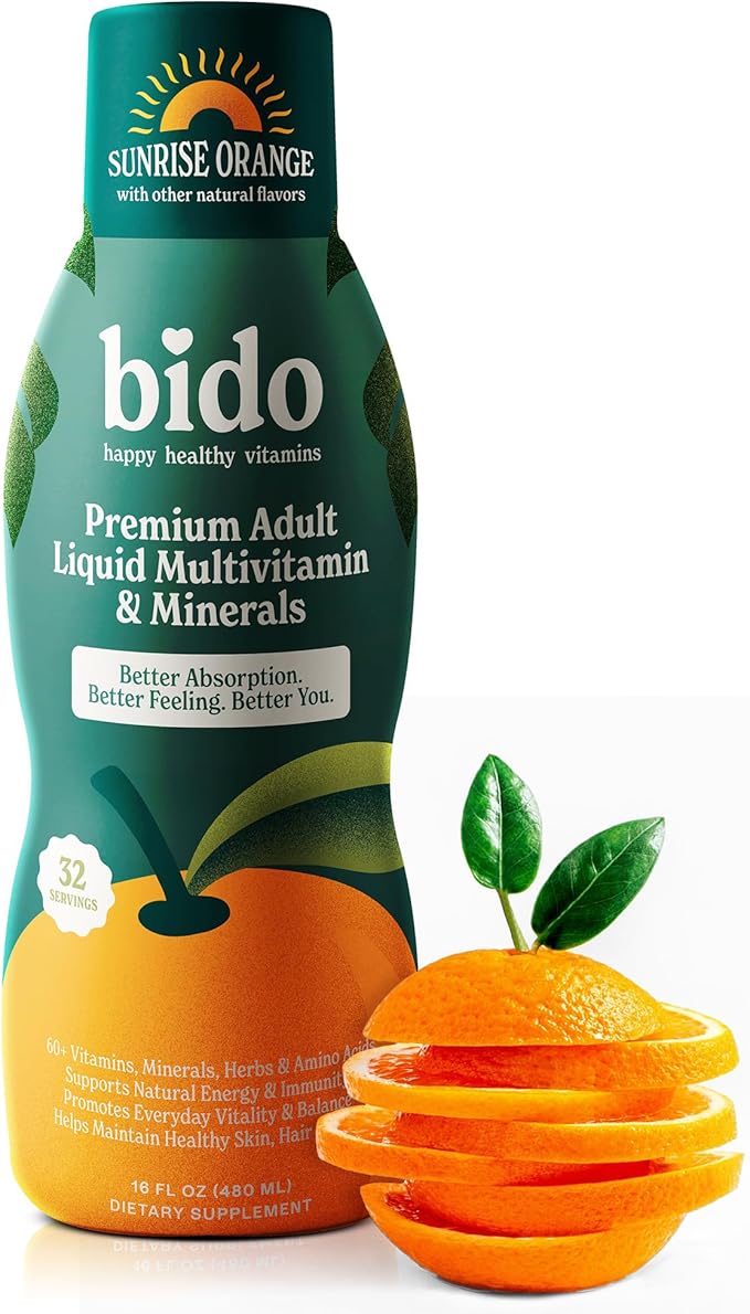 Bido Adult Liquid Multivitamin &amp Minerals for Women and Men | 60+ Nutrients for Energy Immunity Mood | Orange Flavor 32 Servings