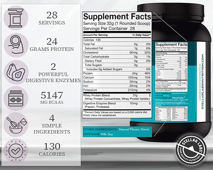 Stellar Labs Whey Protein Powder with BCAA's &amp Whey Isolate | Certified Low FODMAP Non GMO Gluten Free Soy Free Low Carb Keto with Stevia | All Natural Lean Post Workout Shakes | Vanilla