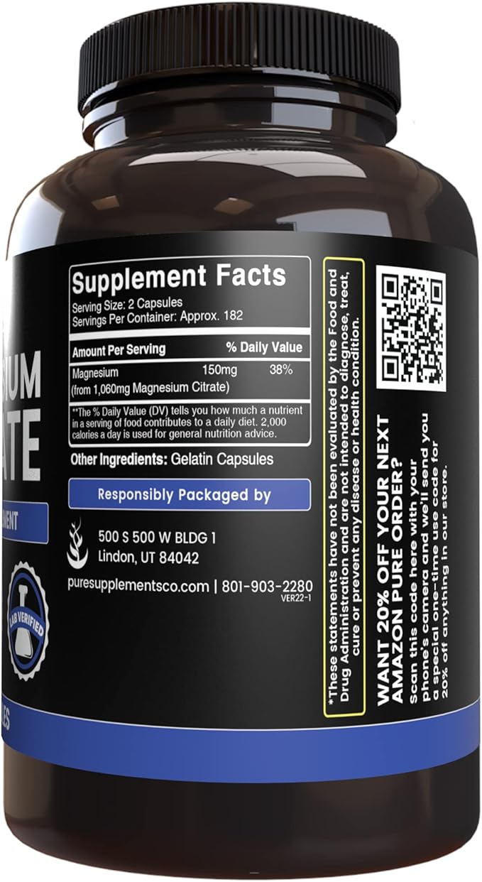 Pure Original Ingredients Magnesium Citrate (365 Capsules) No Magnesium Or Rice Fillers Always Pure Lab Verified