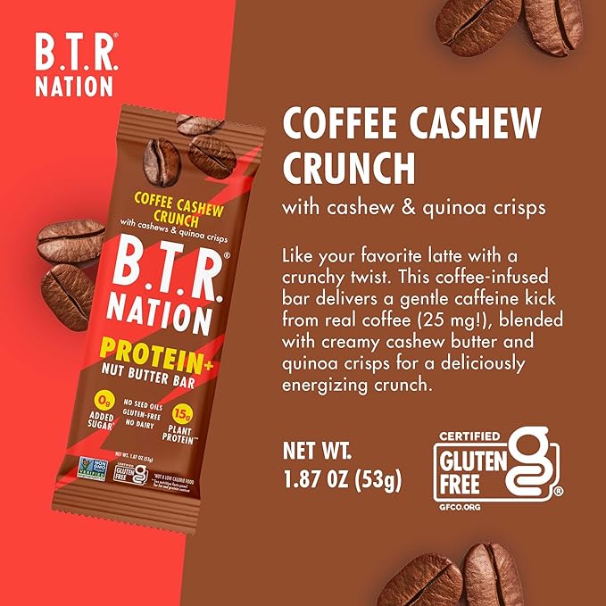 B.T.R. Nation Vegan Keto Plant Based High Protein &amp High Fiber Bars - Coffee Cashew Crunch Protein+ | 12 Bars | Low Carb &amp GF Free of Sugar Alcohols Dairy Soy and with Powerful Superfoods!