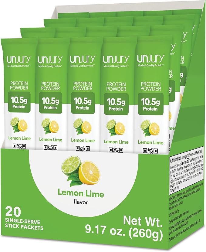 Unjury Whey Protein Powder Individual Stick Packs | Lemon Lime | 10.5g 100% Whey Isolate Protein Powder | Low Carb and Lactose Free | Gluten Free | Certified Kosher | 20 Servings