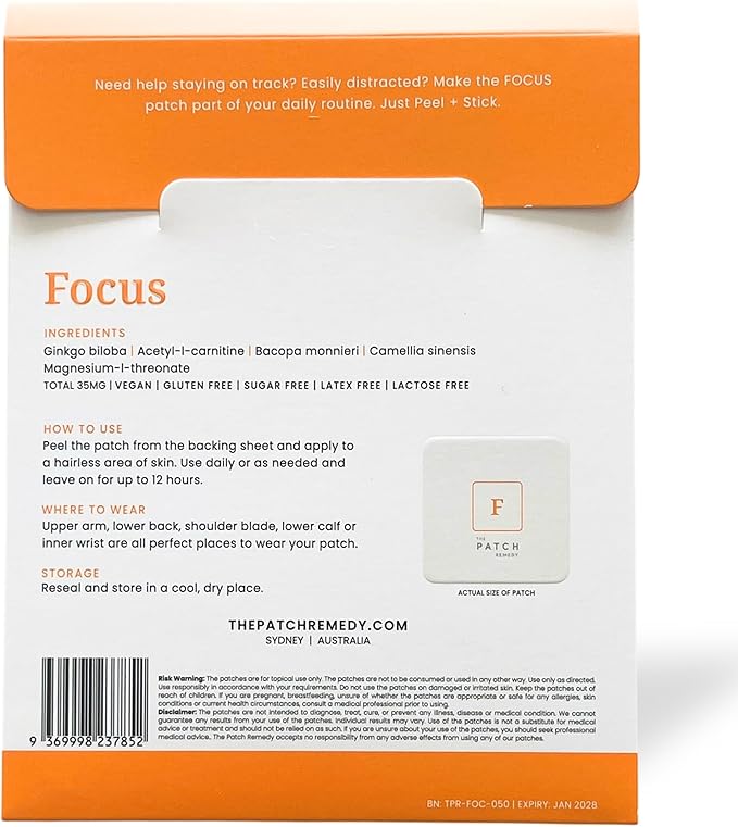 The Patch Remedy Focus Patch | Ginkgo Biloba Acetyl-L-Carnitine Bacopa Magnesium L-Threonate Green Tea | 30 Patches
