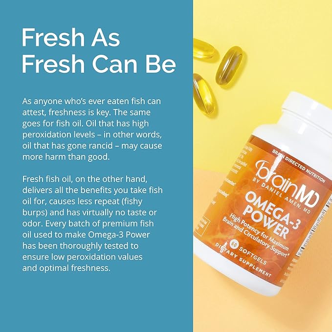 BRAINMD Dr Amen Omega-3 Power - 60 Capsules - Joint &amp Immune Support Supplement - Contains DHA &amp EPA - Gluten Free - 30 Servings