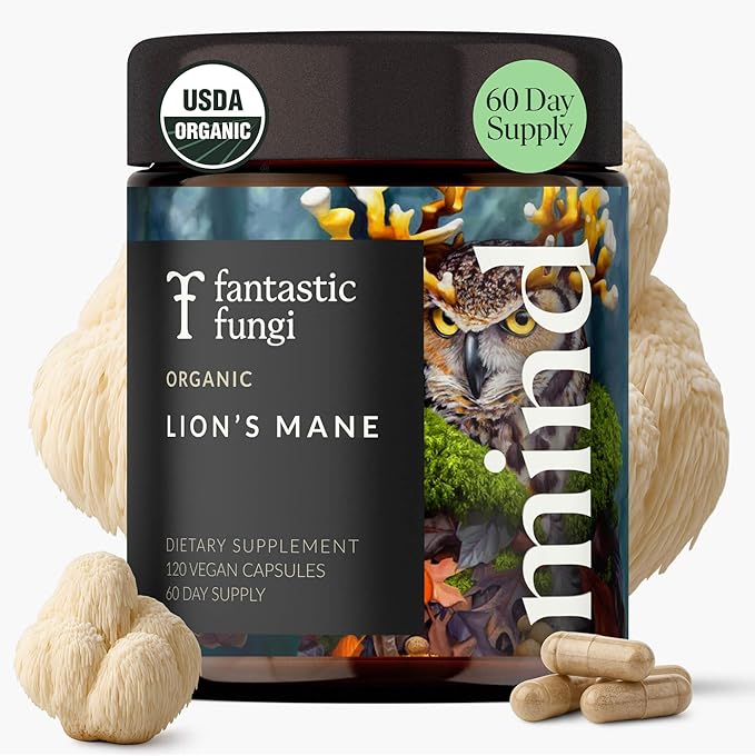 Fantastic Fungi Lions Mane Supplement Capsules - Lions Mane Mushroom Supplement for Focus Memory &amp Mood - Adaptogenic Functional Mushroom Extract USDA Organic Vegan 120 Capsules (2-Month Suppl