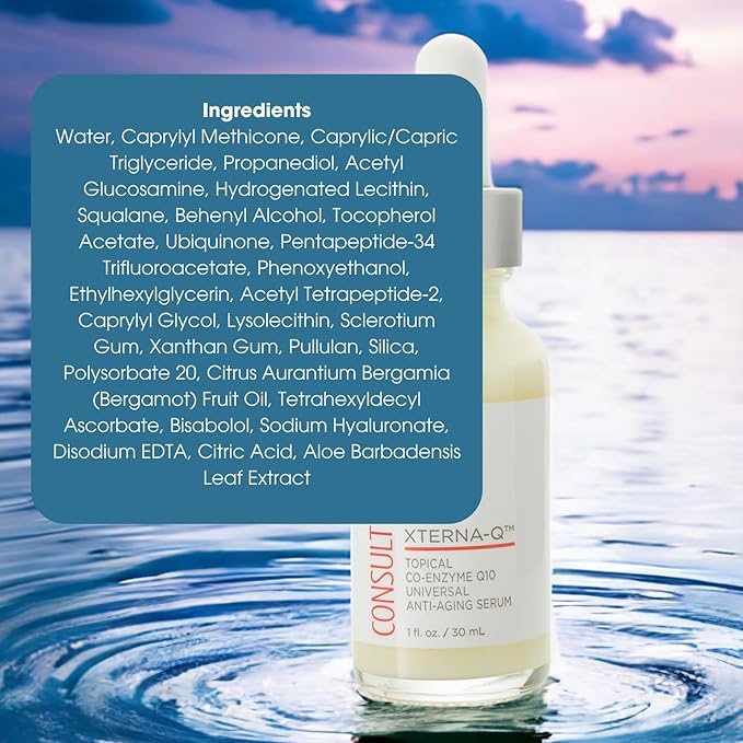Consult Beaute XTERNA-Q COEnzyme Q10 Anti-Aging Serum for Face and Neck Smoothing CoQ10 Peptides Bergamot Fruit Oil Antioxidant Skin Care 1 Fl. Oz.