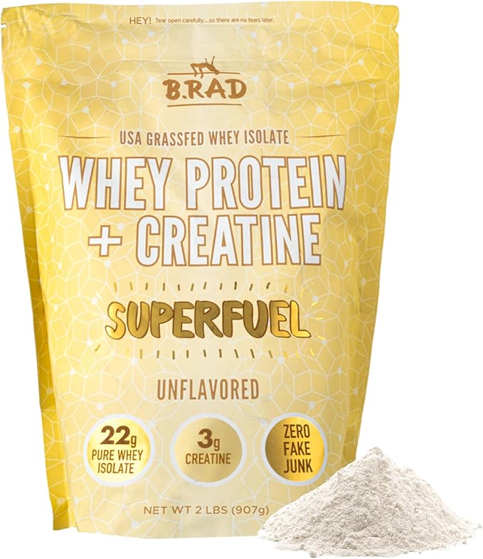 B.rad Superfuel - Grass Fed Whey Protein Isolate Boosted with Creatine | Farm-Fresh Easy-to-Digest Clean Ingredients | 2 Pounds | 100% USA Sourced | Unflavored