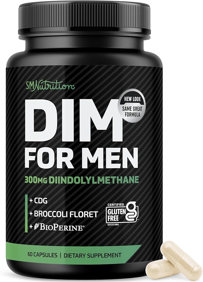 DIM Supplement for Men 300mg | Estrogen Blocker &amp Aromatase Inhibitor | Extra Strength Men’s Hormone Balance &amp Fitness Booster with Diindolylmethane Plus CDG &amp Broccoli Floret | Gluten-Fre