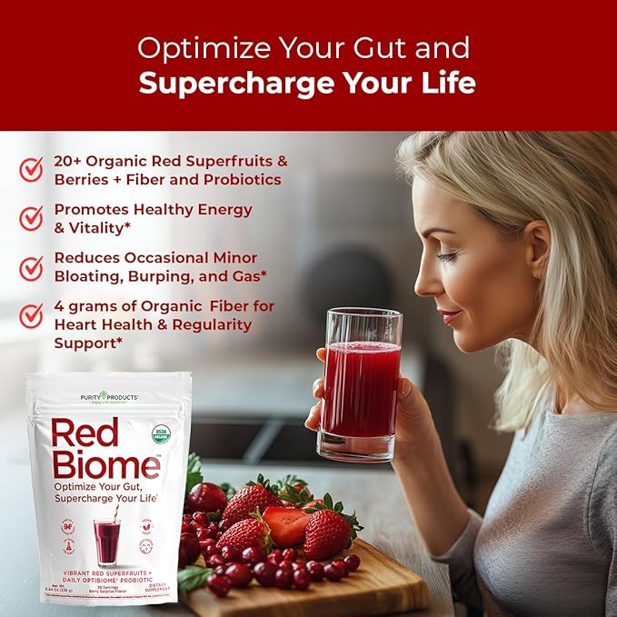 Red Biome – Gut Biome &amp Digestive Health Support with OPTIBIOME® Probiotic – Reduces Minor Bloating Burping &amp Gas – With 4g Organic Fiber Super Berries Superfoods &amp Antioxidants – 30 Se