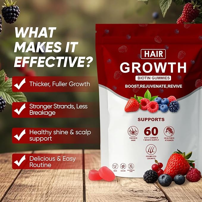 Hair Growth Gummies for Black Women Promote Hair Strength &amp Growth with Biotin for Women &amp Men Delicious Berry Flavor 60 Count