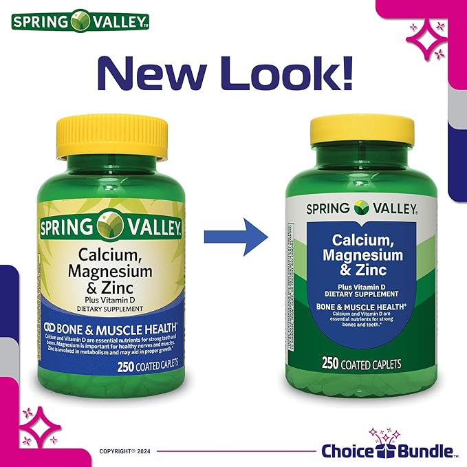 Spring Valley Calcium Magnesium &amp Zinc Plus Vitamin D Coated Caplets 250 Ct 4 pk (1000 Total) + Vitamin Vitality &amp Pill Container (6 Items)!