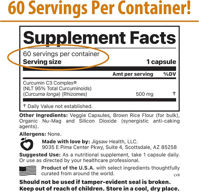 Jigsaw Health Curcumin C3 Complex | Curcumin Capsules Antioxidant Support | 60 Capsules | 60 Servings