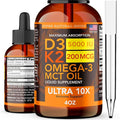 Vitamin D3 K2 Liquid Drops 5000 IU (4oz) Maximum Strength Vitamin D K MCT Oil &amp Omega 3 Bone Heart Joint Muscle Support Supplement. Fast Absorption Formula. 4 in 1 Complex Formula Non-GMO