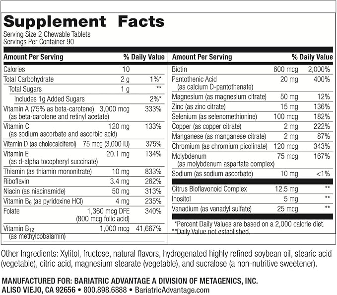 Bariatric Advantage Chewable Essential Multivitamin Without Iron - 200 DV of Key Nutrients - Trace Mineral Support - Multivitamins for Bariatric Patients - Berry - 180 Count