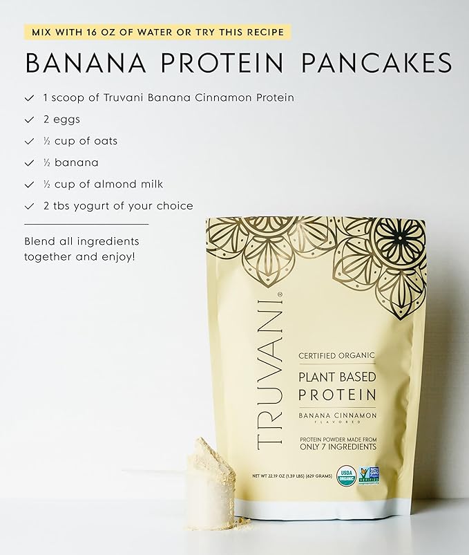 Truvani Vegan Pea Protein Powder | Banana Cinnamon | 20g Organic Plant Based Protein | Single Serving Travel Packets | 10 Servings | Keto | Gluten &amp Dairy Free | Low Carb | No Added Sugar