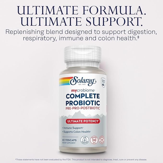 SOLARAY Mycrobiome Complete Probiotic Ultimate Potency - Pre and Probiotics for Women and Men Plus Postbiotic - 100 Billion CFU 34 Strains - Vegan - 30 Servings 60 VegCaps