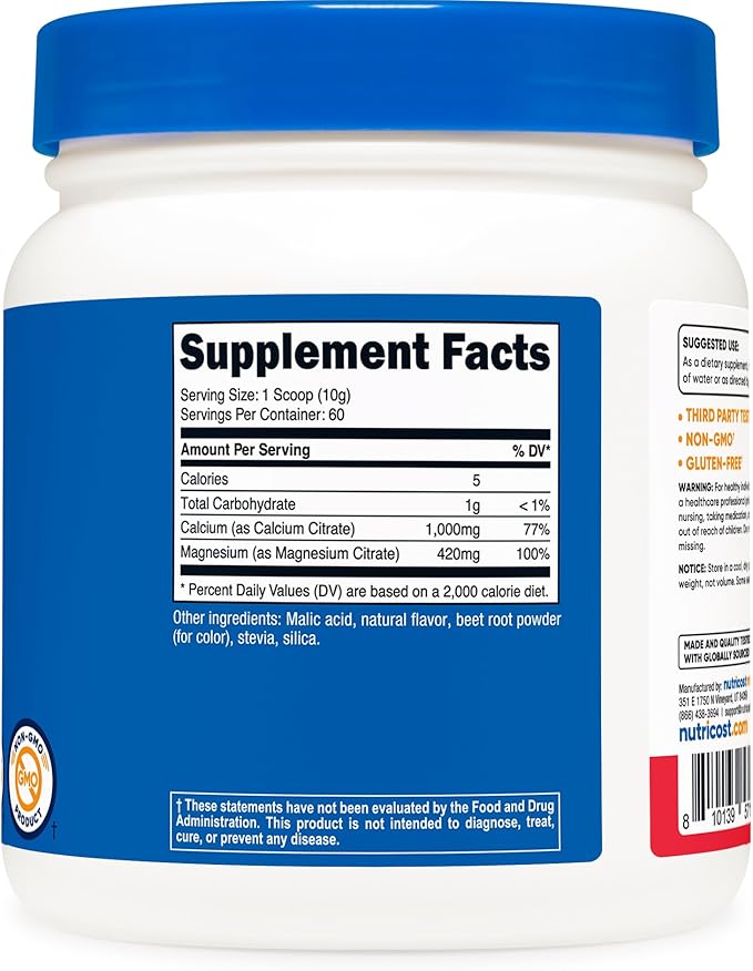 Nutricost Calcium Magnesium Powder (Fruit Punch 60 Servings) - Bone Support Non-GMO Gluten Free (from Calcium Citrate and Magnesium Citrate)