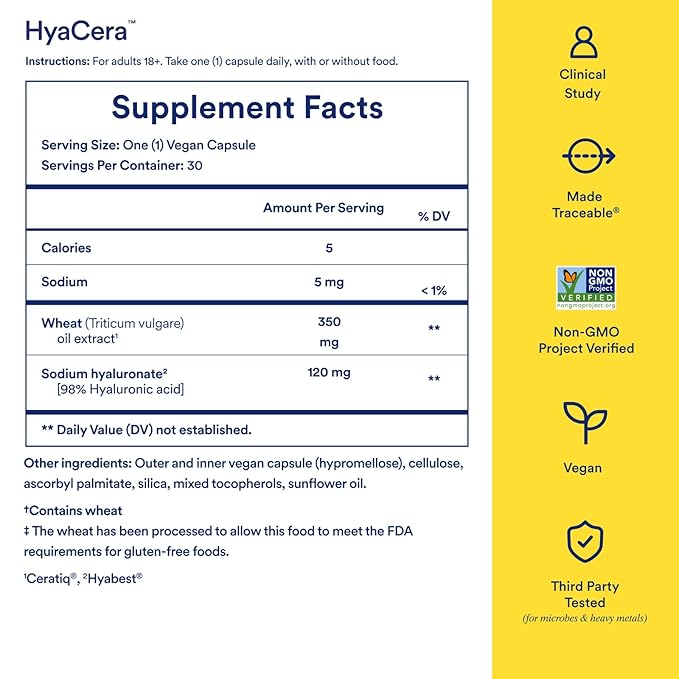 Ritual HyaCera Skin Supplement for Wrinkle Support with Hyabest® and Ceratiq® for Skin Hydration Support Hyaluronic Acid Glycolipids Ceramides Gluten Free Non GMO Vanilla Essence 30 Day Supply