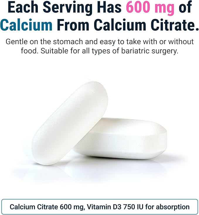 BariatricPal Easy Swallow Calcium Citrate (600mg) and D3 Coated Tablets (180-Day Supply)