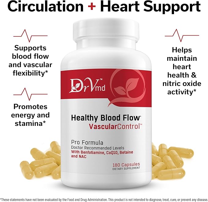 Vascular Control – NAC CoQ10 Benfotiamine Betaine (3 Month Supply) Circulation Heart Health Energy &amp Endurance Support – Antioxidant B Vitamins Supplement