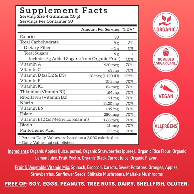 Llama Naturals Multivitamin for Women &amp Men Vegan Organic Gummies with Vitamin D C &amp K Adults Real Fruit Gummy Vitamins Chewable Multivitamin Supplement No Added Sugar Cane Strawberry