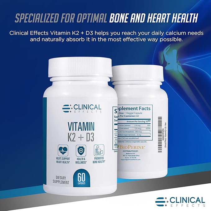 Clinical Effects Vitamin K2 + D3 - K2 + D3 Vitamin Supplement with Bioperine Black Pepper Extract and Calcium for Bone and Heart Health Support - 3 Pack - Max Absorption - Made in The USA