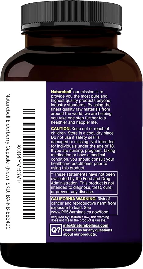 NatureBell Elderberry Quercetin 4-in-1 with Vitamin C &amp Zinc 240 Capsules | Traditional Herbal Supplement | 500mg Sambucus Nigra 500mg Quercetin 250mg Vitamin C 50mg Zinc Picolinate per Servin