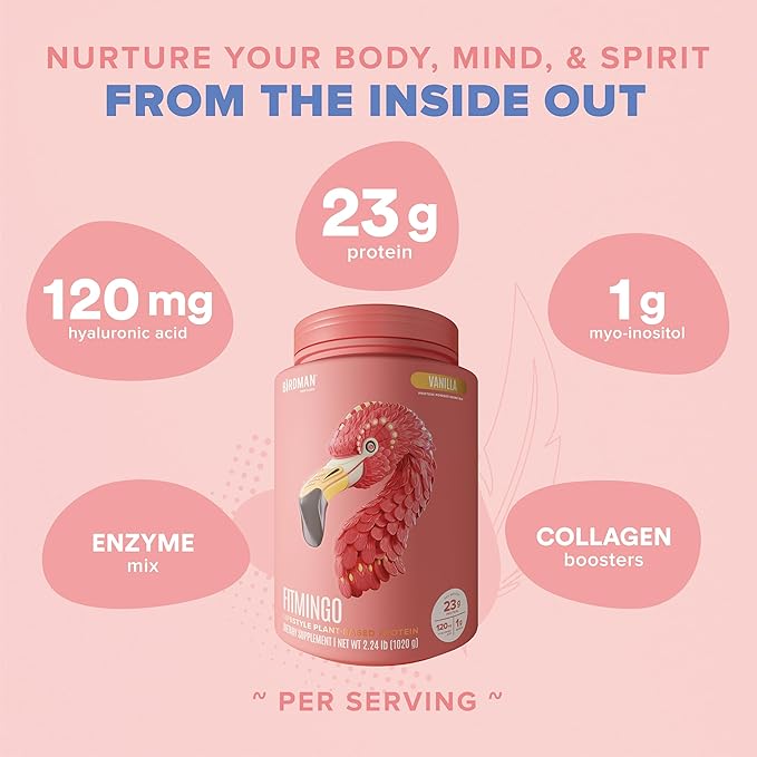 BIRDMAN Fitmingo Vegan Protein Powder with Inositol Collagen Boosters Hyaluronic Acid and Vitamins | Low Carb Dairy Free Lactose Free Low Calorie | 23g Plant Based Vanilla Protein Powder