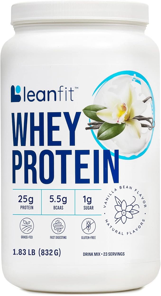 LeanFit WHEY Protein Natural Vanilla – 100% Whey Protein Powder 24g Protein Per Serving – Grass-Fed Gluten-Free Low Carb BCAAs Amino Acid – 23 Servings 1.83 Pound Tub