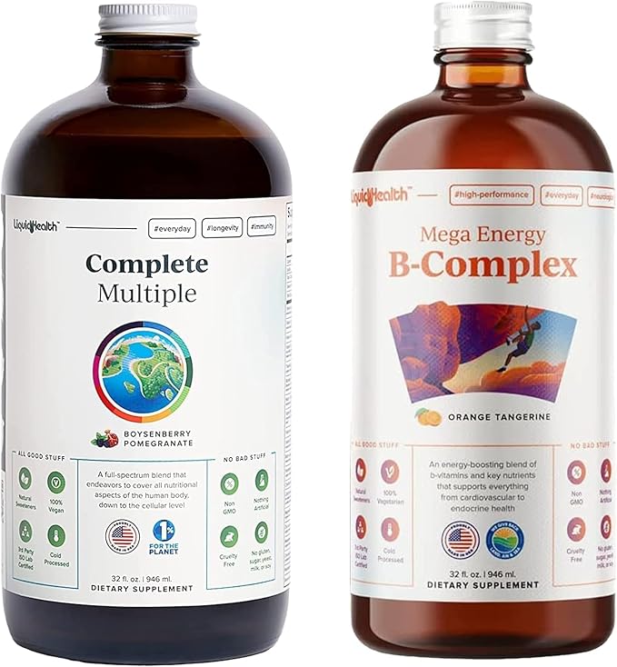 LIQUIDHEALTH Complete Multiple &amp Mega Energy B-Complex Daily Liquid Vitamins Bundle for Adults - Immune System Support Increase Energy Gut &amp Heart Health - Whole Foods Vegan Non-GMO Made