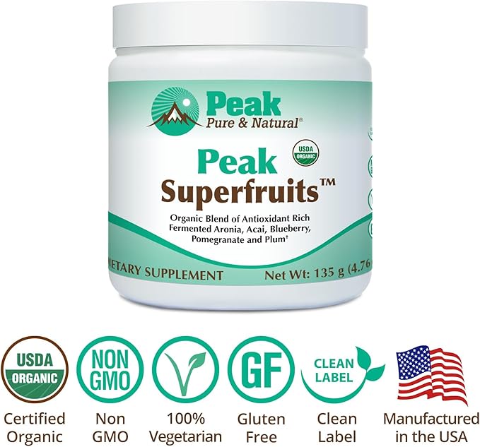 Peak Organic Superfruits - Polyphenol Rich Superfood Powder - Non-GMO Fermented Aronia Berry Acai Blueberry Pomegranate and Plum - Aging Metabolic Health Heart Health (30 Servings)