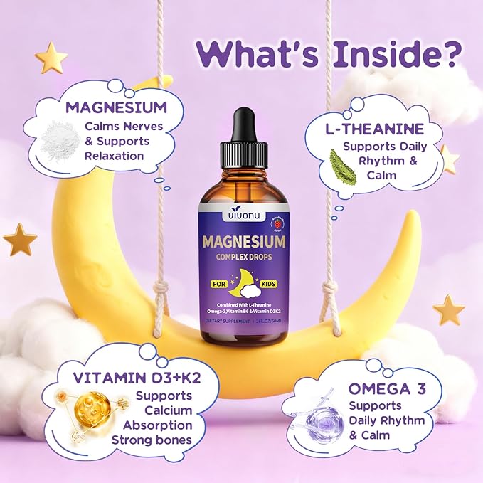 Kids Magnesium Liquid Drops Magnesium Glycinate Liquid for Children's Supplement with Vitamin D3 K2 B12 &amp B6 Omega 3L-theanineLemon Balm-for SleepRelaxationCalmFocus Strawberry Flavor