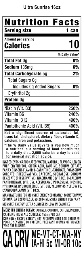 Monster Energy Ultra Sunrise Sugar Free Energy Drink 16 Fl Oz | Pack of 15