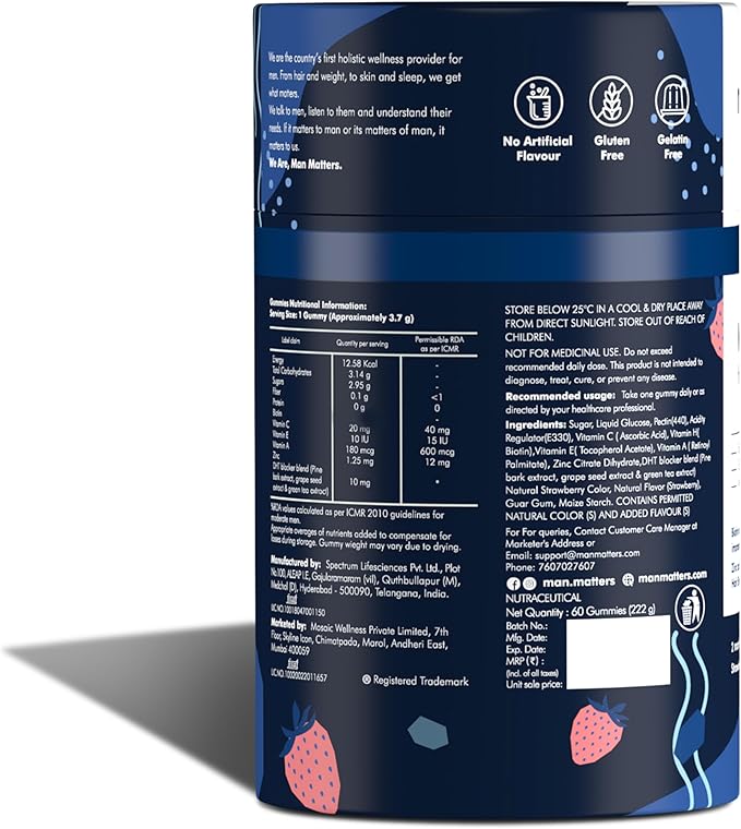 Man Matters Biotin Hair Gummies for Men | Keeps Hair Healthy and Strong | Strawberry Flavoured | Vitamin A Vitamin C Vitamin E &amp Zinc | 100% Vegetarian | 60 Days Pack