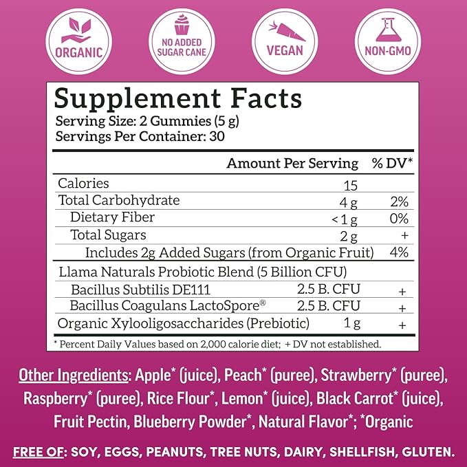Llama Naturals Probiotics for Women and Men with Prebiotic Fiber Vegan Organic Probiotic Gummies for Gut Health Support Adults Real Fruit Gummy Vitamins No Added Sugar Cane Mixed Berry 60 Ct