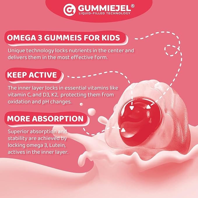 Kids Omega 3 Gummies for 4+ with DHA Vitamins D3 K2 C B6 Methyl B12 Luetin &amp PS No Fish Taste Sugar Free Omega 3 Fish Oil Alternative for Children for Brain Bone Eyes Focus Immunity 120 C