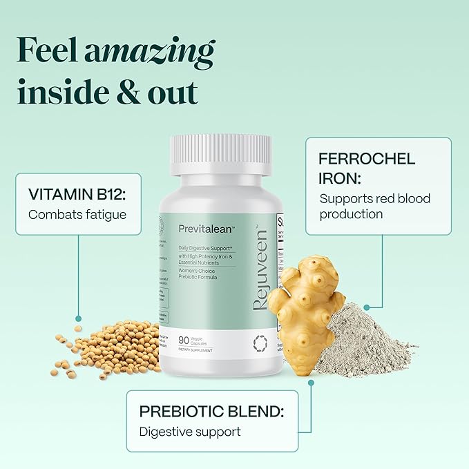 Previtalean | Prebiotic Fiber Supplement for Women | Supports Gut Health &amp Red Blood Cell Production | Contains Highly Bioavailable Iron Folate &amp Vitamin B12 | 90 Ct 30 Servings