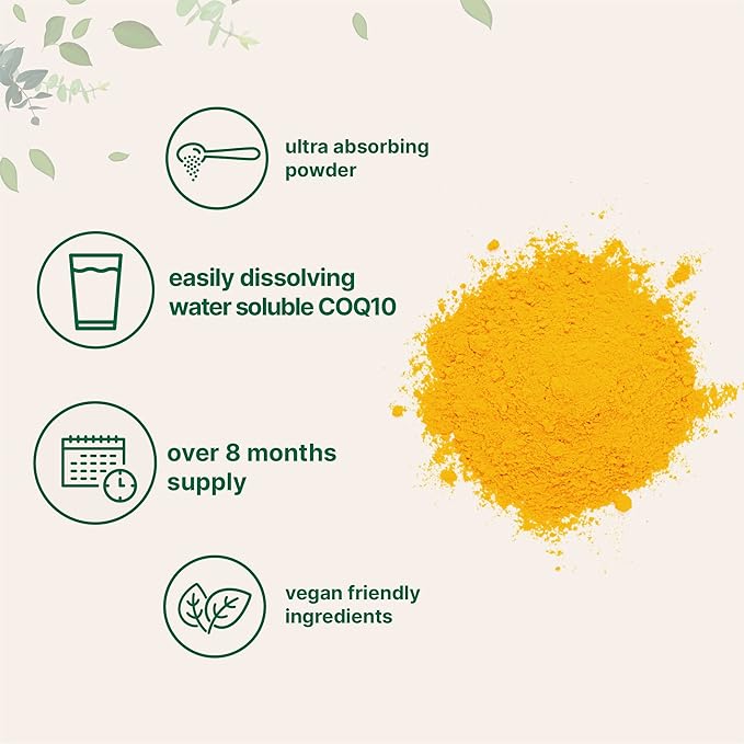 Micro Ingredients Water Soluble COQ10 Supplement (COQ10 200mg Per Serving in Powder Form) 50 Grams (8 Months Supply) Extra Absorption Vegan Friendly