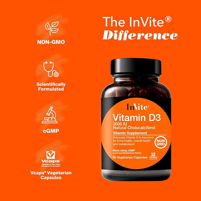 Invite Health Vitamin D3 3000 IU - Supports Immune Bone Brain Heart and Hormone Health - 90 Vegetarian Capsules - 90 Day Supply (2)