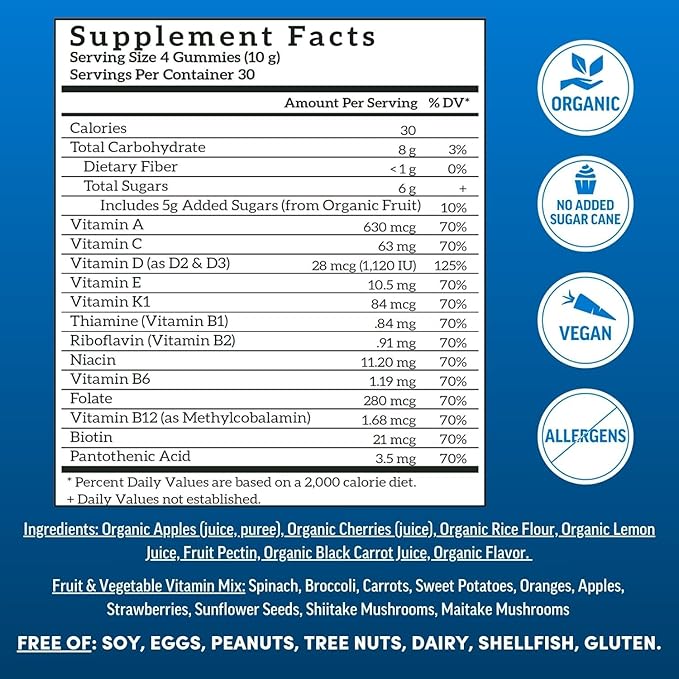 Llama Naturals Men and Women Vegan Organic Gummies with Vitamin D C and K Real Fruit Gummy Vitamins Chewable Multivitamin Supplement No Added Sugar Cane Cherry 120 Ct