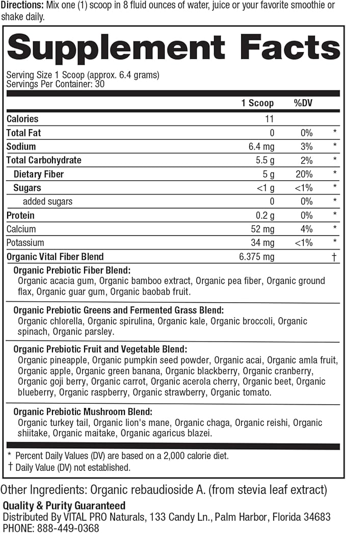 Vital Pro Naturals - Advanced Fiber 35 Powder Supplement for Dietary Support and Occasional Constipation with 35 Prebiotic Fibers and 35 Organic Superfoods for Bowel Regularity 6.77 oz