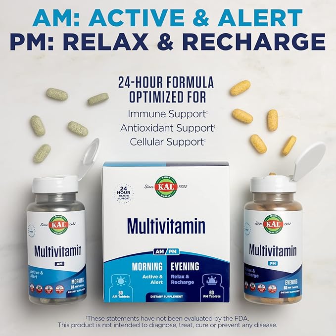 KAL Multivitamin AM/PM 2-in-1 Womens and Mens Multivitamins Supplements Turmeric Tart Cherry Organic Matcha and Spirulina for Immuneand Cellular Support Gluten Free 30 Servings 120 Tablets