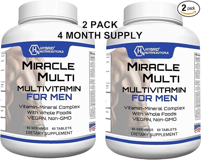 MiracleMulti Best Multivitamin for Men Vitamin and Mineral Supplement with Probiotics Superfood Enzyme Blend: Support for Heart Prostate Stamina Energy: Non-GMO (2-Pack 120 Tablets)