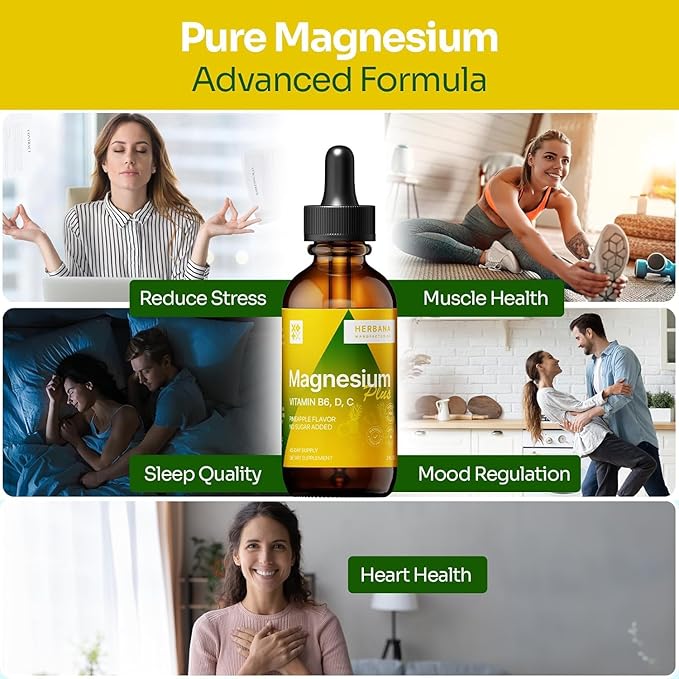 Magnesium Drops - Citrate + Glycinate + L-Threonate - Pineapple Flavor - with B6 D &amp C - Kid-Friendly Magnesium Liquid Drops 2 fl oz
